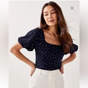 Edith Puff Sleeve Textured Polka Dot Top Love Bonito